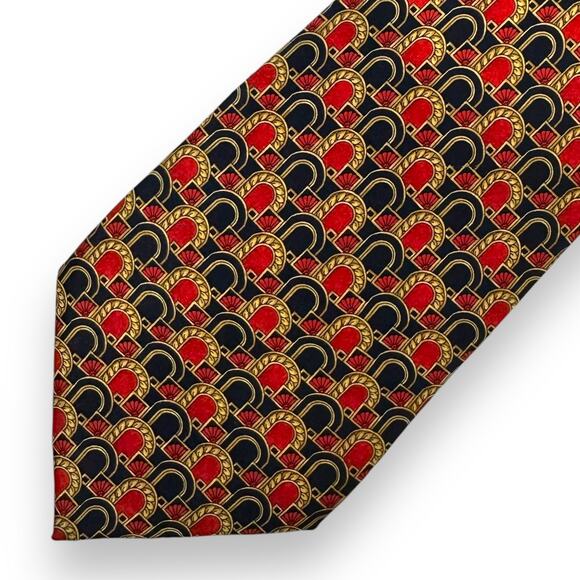 LANVIN Paris Neck Tie Vtg 100% Silk Made in France Geometric Navy Blue Red Gold - Picture 9 of 9